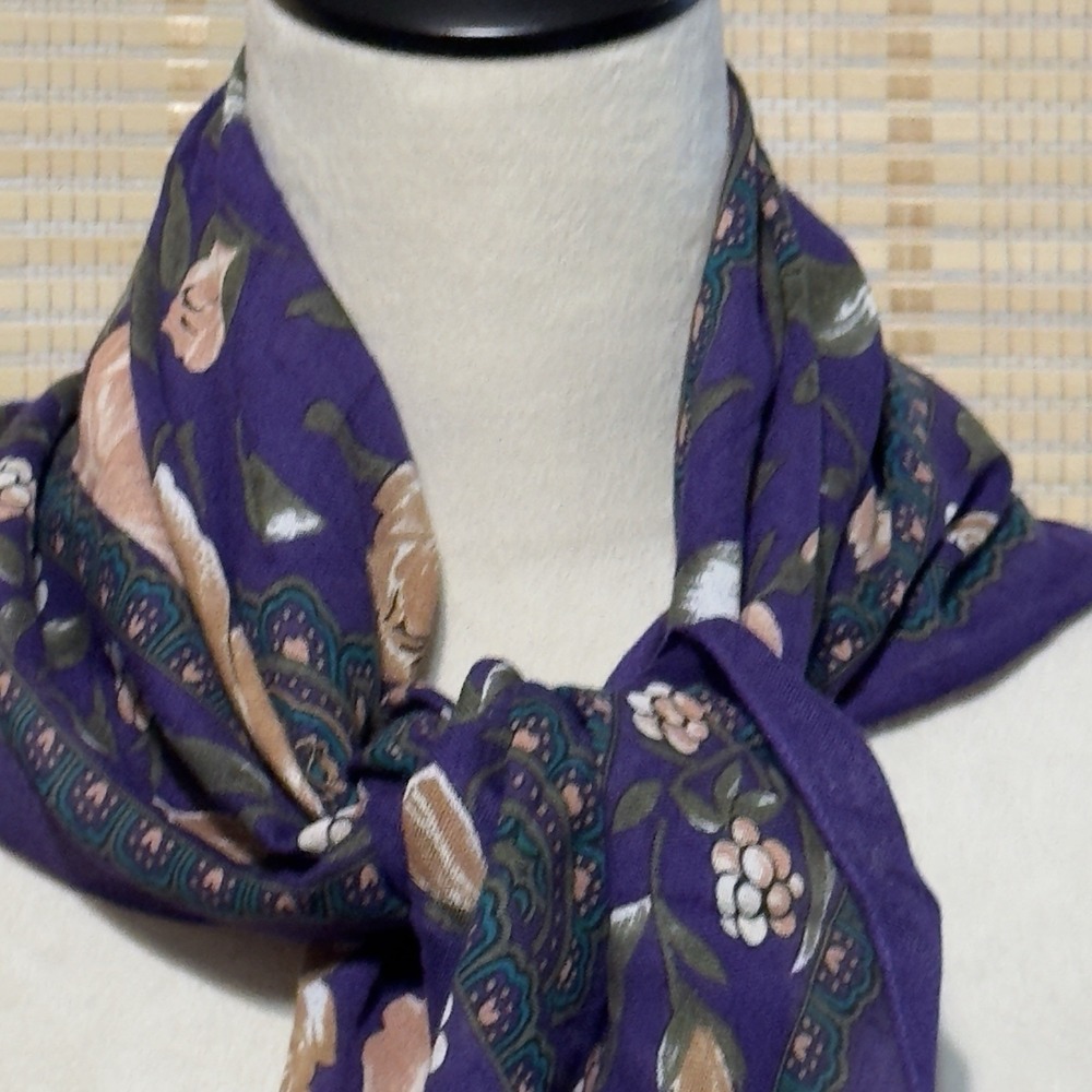 Axcess 90s Rayon Square Scarf Dark Purple Floral Roses Paisley Italy 30" Vtg - Picture 10 of 12